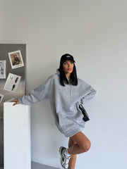 %100 Organik Pamuk Elmas Taşlı Sweat Elbise - Gri Melanj