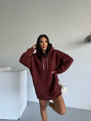 %100 Organik Pamuk Elmas Taşlı Sweat Elbise - Kızıl Kahve/Bordo