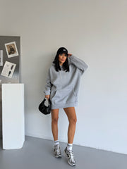 %100 Organik Pamuk Elmas Taşlı Sweat Elbise - Gri Melanj