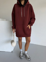 Deep Claret: Taş Şeritli & Sırt Dekolteli Hoodie Elbise (Bordo)