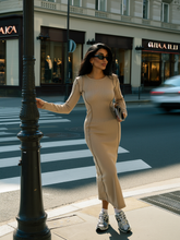 MİLA KONTRAST KARYOKA DİKİŞLİ MİDİ ELBİSE - BEJ