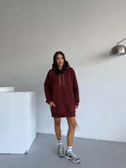 %100 Organik Pamuk Elmas Taşlı Sweat Elbise - Kızıl Kahve/Bordo