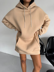 Sahara Sand: Taş Şeritli & Sırt Dekolteli Hoodie Elbise (Bej)