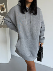 Misty Melange: Taş Şeritli & Sırt Dekolteli Hoodie Elbise (Gri Melanj)