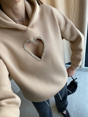 Kalp Şeklinde Kristal Taşlı Göğüs Dekolteli Bej Hoodie / Kapüşonlu Üst