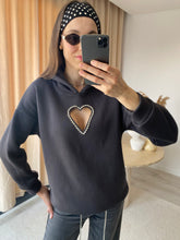 Kalp Şeklinde Kristal Taşlı Göğüs Dekolteli Antrasit Hoodie / Kapüşonlu Üst