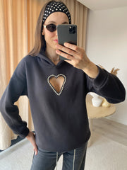 Kalp Şeklinde Kristal Taşlı Göğüs Dekolteli Antrasit Hoodie / Kapüşonlu Üst