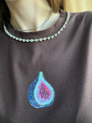 Kristal Yaka & Boncuk İncir Baskılı Kahverengi T-Shirt