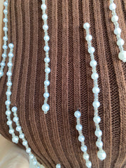 İnci Detaylı Halter Yaka Kahverengi Triko Crop Bluz