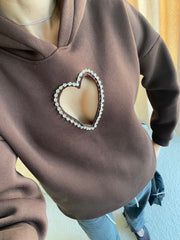 Kalp Şeklinde Kristal Taşlı Göğüs Dekolteli Kahverengi Hoodie / Kapüşonlu Üst