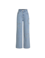 Crystal Love: Kalp Kristal İşlemeli Wide-Leg Jean