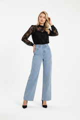 Crystal Love: Kalp Kristal İşlemeli Wide-Leg Jean