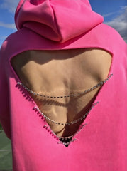 Sweet Candy: Taş Şeritli & Sırt Dekolteli Hoodie Elbise (Şeker Pembe)
