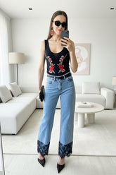 Dark Lace: Siyah Dantel Paça Detaylı & Siyah Kemerli Palazzo Jean