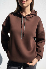 Midnight Muse: Kristal Kalp Dekolteli Kahve Hoodie
