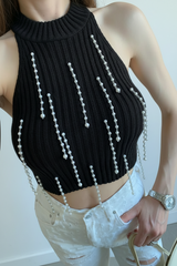 İnci Detaylı Halter Yaka Siyah Triko Crop Bluz