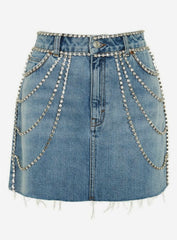 Tasarım Mücevher Şerit Detaylı Mini Denim/Kot Etek