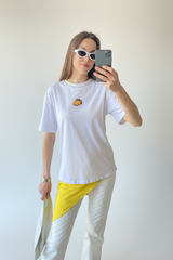 Boncuk Limon Baskılı & Kristal Yakalı Beyaz T-Shirt