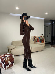 Mila Kontrast Karyoka Dikişli Midi Elbise - Kahverengi