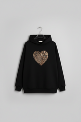 Leopar Kalp Baskılı Siyah Hoodie / Kapüşonlu Üst