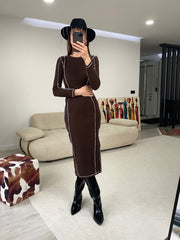 Mila Kontrast Karyoka Dikişli Midi Elbise - Kahverengi