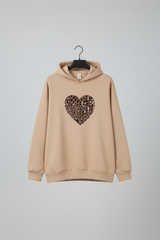 Leopar Kalp baskılı Bej Hoodie / Kapüşonlu Üst
