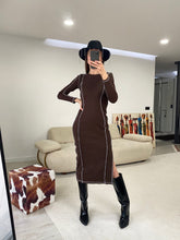 Mila Kontrast Karyoka Dikişli Midi Elbise - Kahverengi