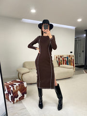 Mila Kontrast Karyoka Dikişli Midi Elbise - Kahverengi