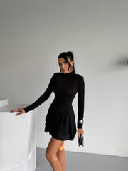 Dik Yaka Uzun Kollu Volanlı Mini Siyah Elbise