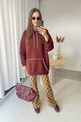 Kristal Şeritli Tasarım Bordo Oversize Kapüşonlu Üst