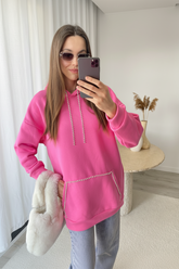Kristal Şeritli Tasarım Şeker Pembe Oversize Kapüşonlu Üst