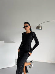 MİLA KONTRAST KARYOKA DİKİŞLİ MİDİ ELBİSE - SİYAH