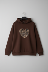 Leopar Kalp Baskılı Kahverengi Hoodie / Kapüşonlu Üst