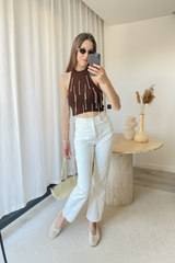 İnci Detaylı Halter Yaka Kahverengi Triko Crop Bluz