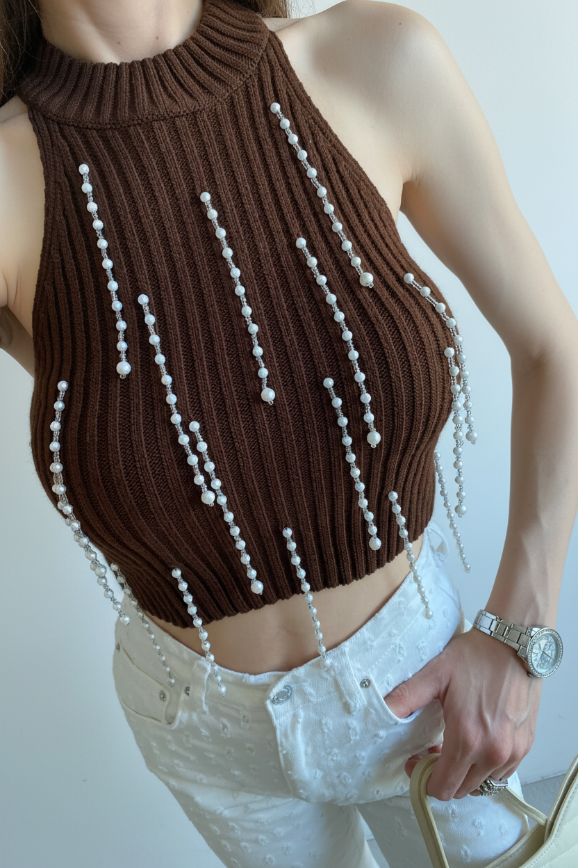 İnci Detaylı Halter Yaka Kahverengi Triko Crop Bluz