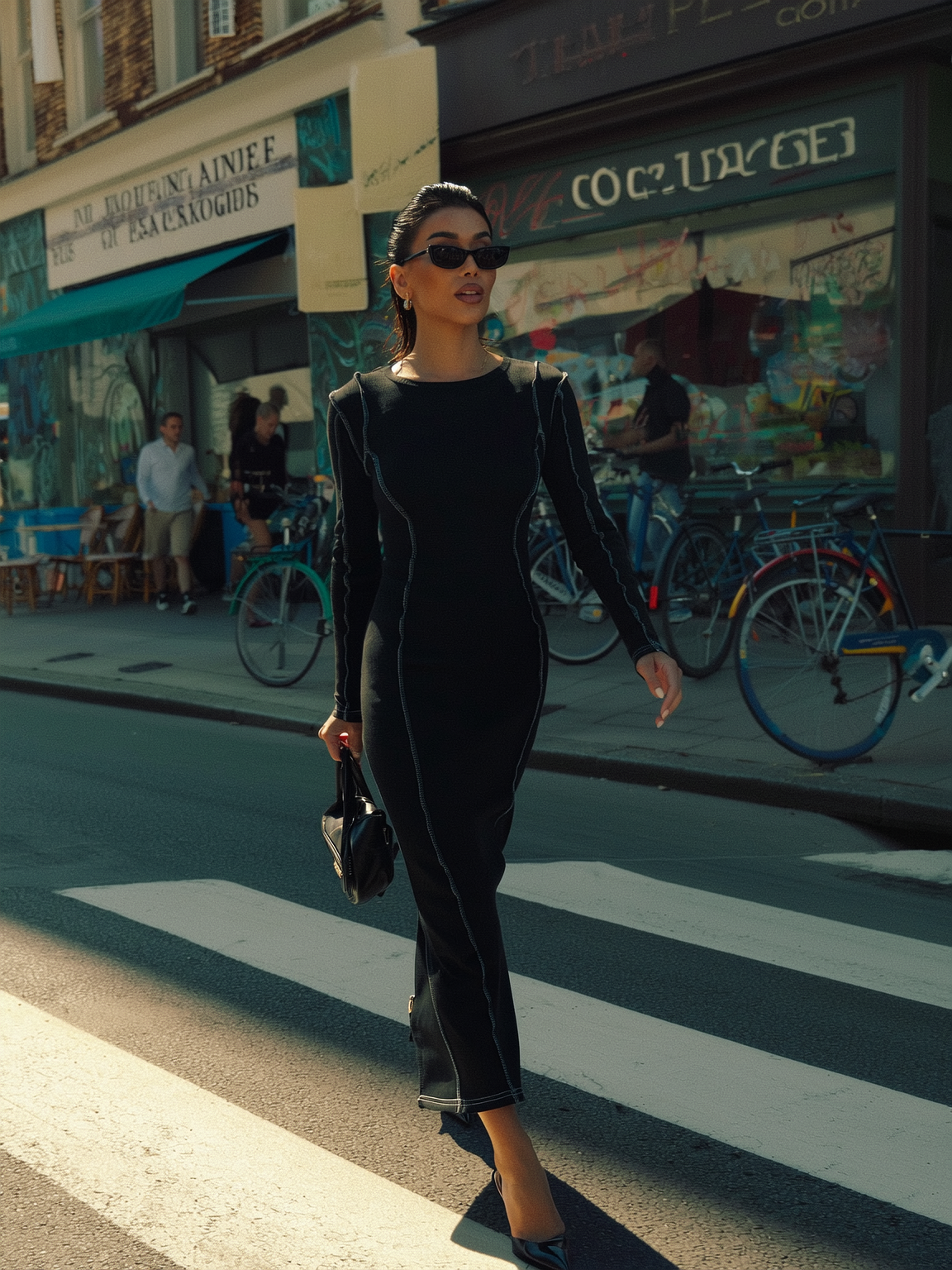 MİLA KONTRAST KARYOKA DİKİŞLİ MİDİ ELBİSE - SİYAH