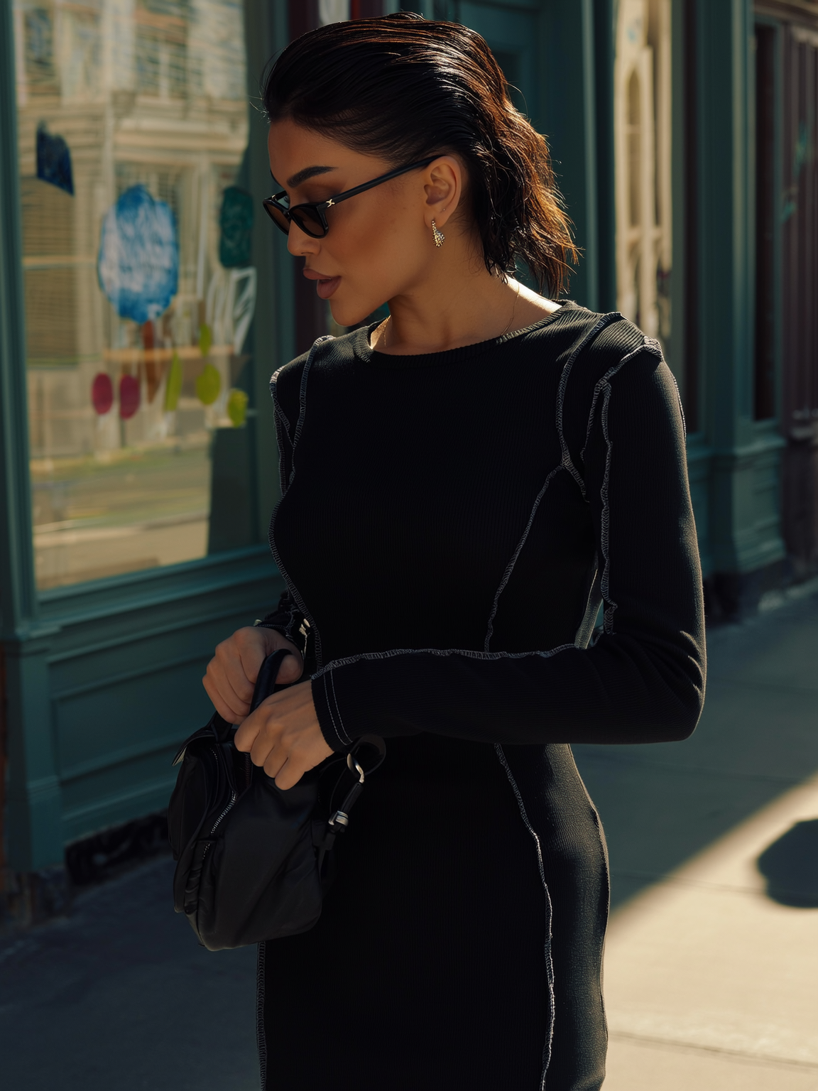 MİLA KONTRAST KARYOKA DİKİŞLİ MİDİ ELBİSE - SİYAH