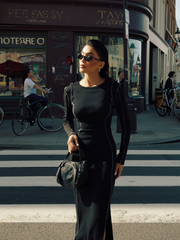 MİLA KONTRAST KARYOKA DİKİŞLİ MİDİ ELBİSE - SİYAH