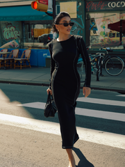 MİLA KONTRAST KARYOKA DİKİŞLİ MİDİ ELBİSE - SİYAH