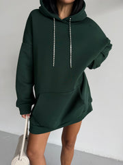 Emerald Queen: Taş Şeritli & Sırt Dekolteli Hoodie Elbise (Zümrüt Yeşili)