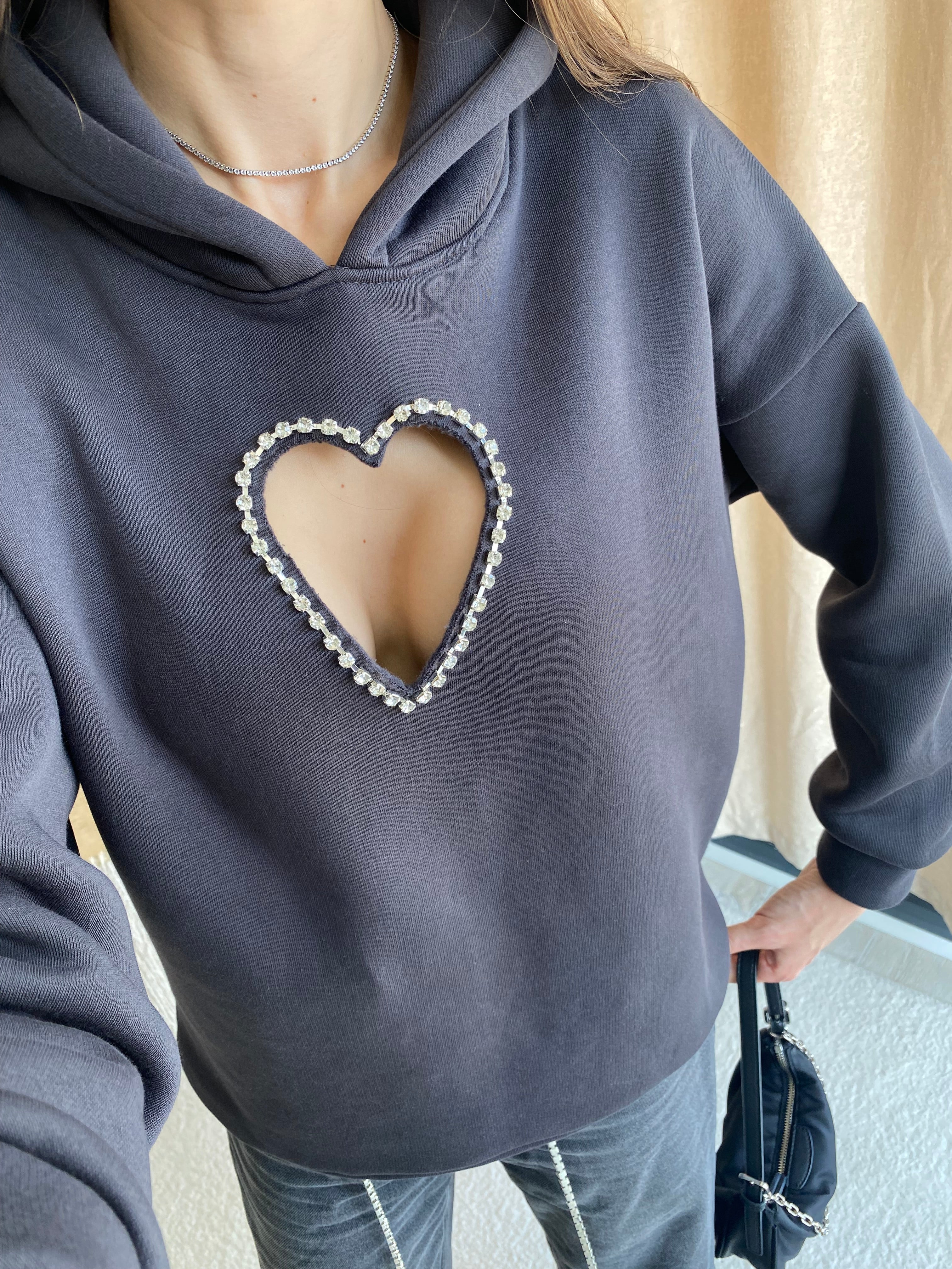 Kalp Şeklinde Kristal Taşlı Göğüs Dekolteli Antrasit Hoodie / Kapüşonlu Üst