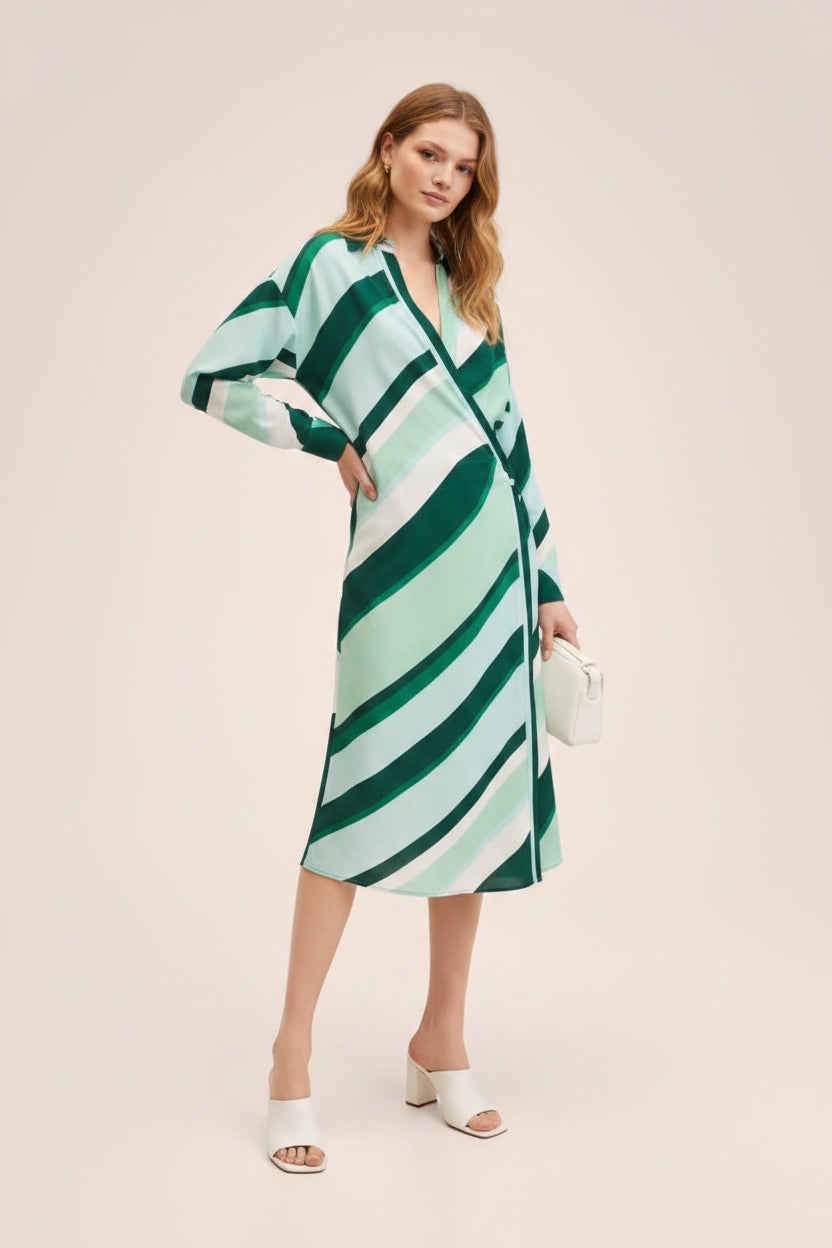 Emerald Stripe: Kruvaze Yaka Çizgili Midi Elbise