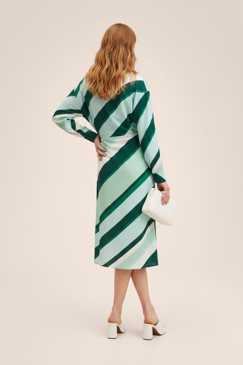 Emerald Stripe: Kruvaze Yaka Çizgili Midi Elbise