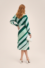 Emerald Stripe: Kruvaze Yaka Çizgili Midi Elbise