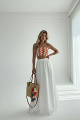 Sunset Knit: Straplez İki Renkli Çiçek Motifli Triko Crop Üst