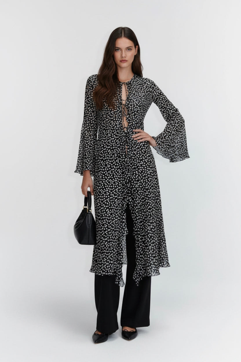 Midnight Dot: Bağcıklı Dekolteli Puantiyeli Tül Kimono