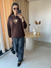 Kalp Şeklinde Kristal Taşlı Göğüs Dekolteli Kahverengi Hoodie / Kapüşonlu Üst