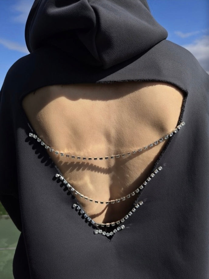 Asphalt Dust: Taş Şeritli & Sırt Dekolteli Hoodie Elbise (Antrasit)