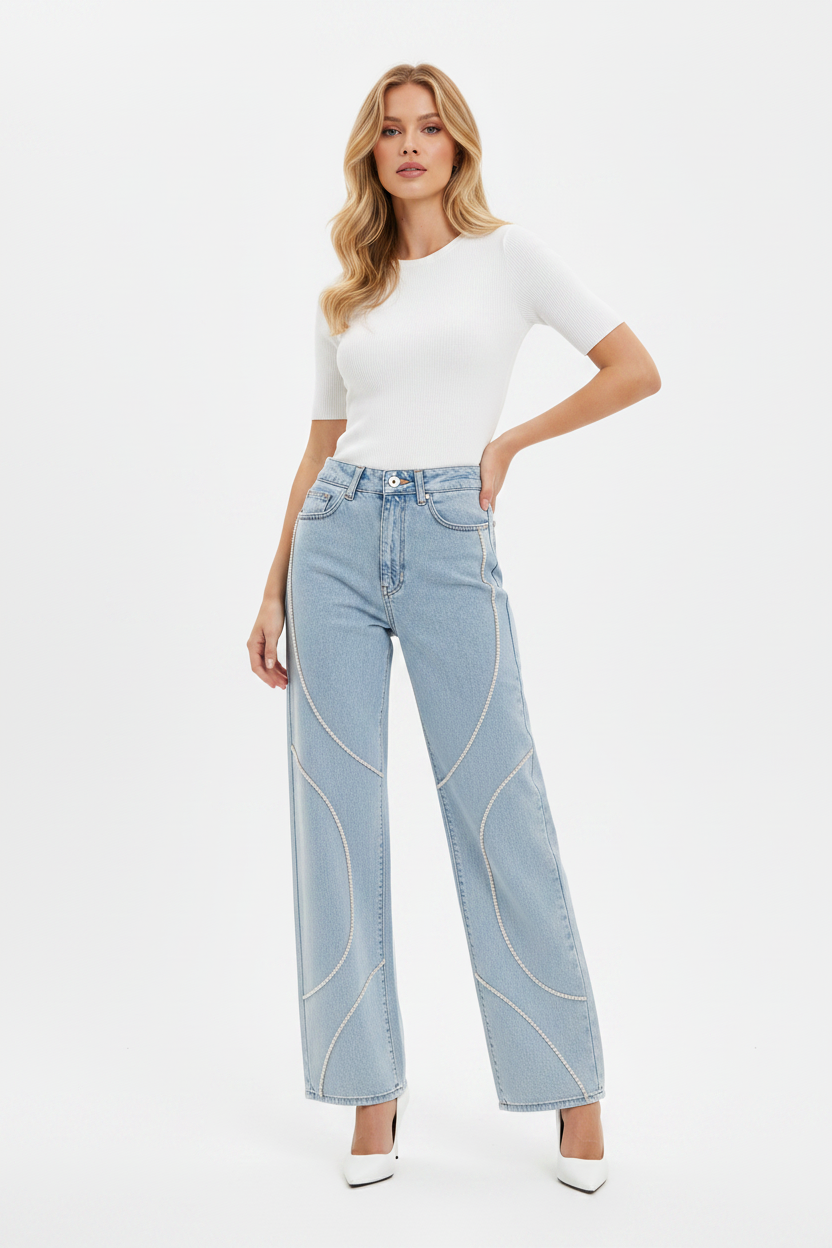 Diamond Curve: Kristal Şerit İşlemeli Wide-Leg Jean