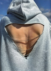 Misty Melange: Taş Şeritli & Sırt Dekolteli Hoodie Elbise (Gri Melanj)
